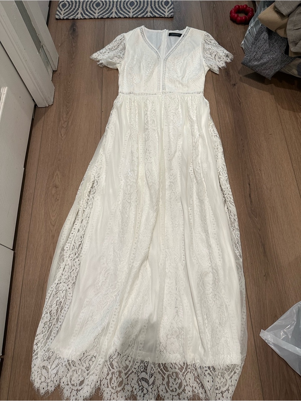 Womens Ivory Lace Maxi Dress with Short Sleeves